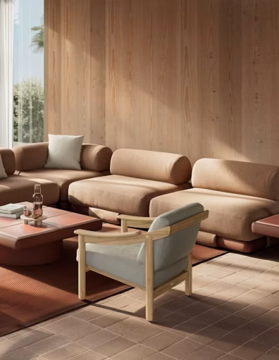 Kettal Loden outdoor furniture in an oak finish for terraces and gardens